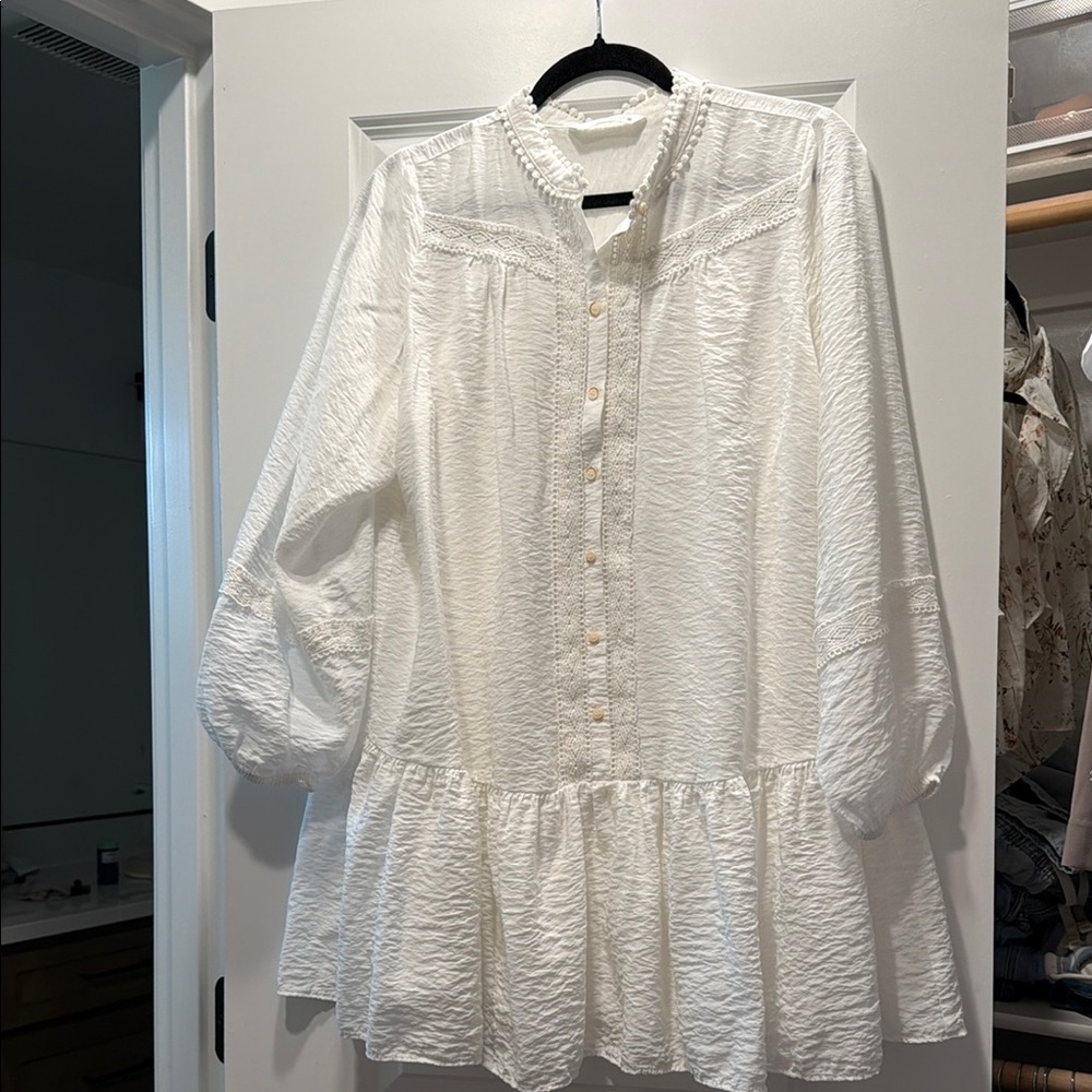 Zara White Textured Peasant Tunic with Ruffle Hem